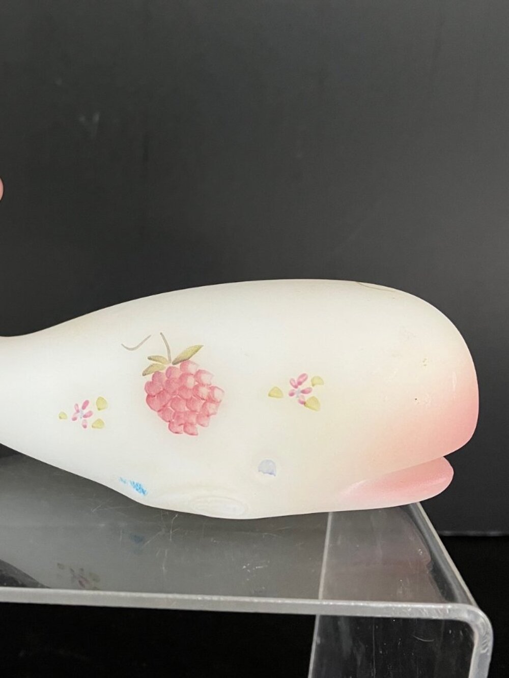 Fenton Satin Milk Glass Hand Painted Berries and Blossoms Whale - Signed